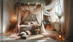 a bedroom decorated in pink and white with fairy lights