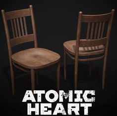 two wooden chairs sitting next to each other with the words atomic heart written on them