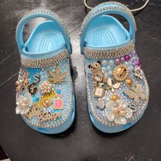 Blue Crocs Made To Order. Please Specify Size When Ordered. Customized Crocs Shoes, Designed Crocs, Swaggy Shoes, Crocs Custom, Jibbitz Ideas, Bedazzled Stuff, Bling Crocs, Bedazzled Shoes, Blue Crocs