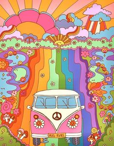 a vw bus parked in front of a rainbow colored sky with clouds and flowers