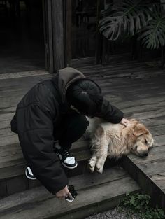 a person is petting a dog on the steps