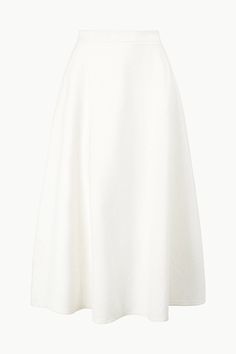 The Lighthouse Skirt is a high rise midi length skirt with a center back hidden zipper. | STAUD, Lighthouse Skirt in Ivory, Size Medium Midi White Skirt, Outfit Edits, Elegant Skirts, Pink Wardrobe, Keds Champion, White Midi Skirt, White Midi, Fame Dr, Shades Of Beige