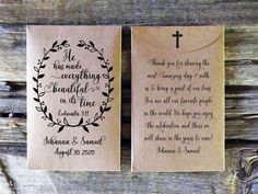 two wedding tags with the words, he who is everything beautiful in his time are hanging on a wooden background