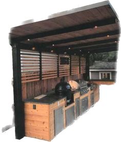 an outdoor bbq with grills and cabinets under a pergolated roof on a white background