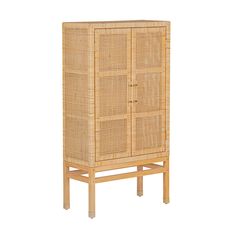 a wooden cabinet with wicker doors on it's sides and legs, against a white background