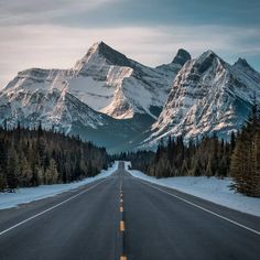 an empty road in the mountains with snow on it and trees lining both sides,