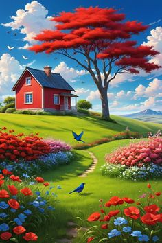 a painting of a red house on a hill with flowers and birds flying around it