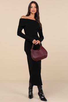 From office parties to holiday bashes, there are plenty of occasions the Glamorous Incredibly Pristine Black Off-the-Shoulder Sweater Maxi Dress will be perfect for! Stretchy ribbed sweater knit shapes this must-have dress that features a chic off-the-shoulder neckline with a fold-over trim and a flirty bodycon silhouette, all framed by long sleeves. A sophisticated maxi hem completes the look. Fit: This garment fits true to size. Length: Ankle length. Size medium measures 46.5" from top to bottom. Bust: Great for any cup size. Waist: Fitted - stretchy fabric allows custom fit. Hip: Fitted - stretchy fabric allows room for hips. Undergarments: May be worn with a strapless bra, adhesive bra, petals, or no bra. Fabric: Fabric is very stretchy. Unlined. 41% Viscose, 35% Polyamide, 24% Polyest Ribbed Dress Outfit, Off The Shoulder Sweater Dress, Cozy Inspiration, Skater Sweater, Black Ribbed Dress, Midi Sweater Dress, Sweater Maxi Dress, Ribbed Sweater Dress, Lulu Fashion