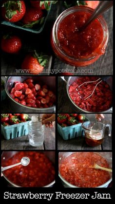 strawberry freezer jam in a bowl with strawberries