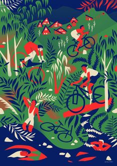 an illustration of people riding bikes in the woods