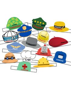 a bunch of hats that are on top of each other in different colors and shapes