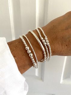 STERLING SILVER Bracelet Silver Beaded Bracelet Women - Etsy Women’s Bracelets, Silver Ball Bracelet, Sterling Silver Bracelets Women, Silver Stacking Bracelets, Gold And Silver Bracelet Stack, Bracelet Ideas Silver, Silver Jewelry Ideas, Stacking Silver Bracelets, Stackable Silver Bracelets