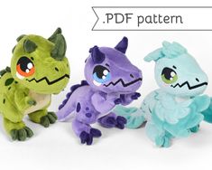 three small stuffed animals sitting next to each other on a white background with the words pf pattern below them