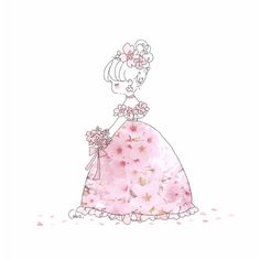 a drawing of a woman in a pink dress with flowers on her head, holding a bouquet