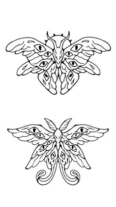 two butterfly designs on white paper, one is black and the other has an intricate design