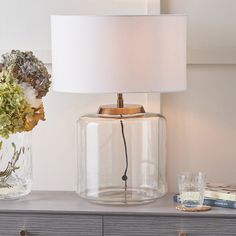 Modern Clear Glass Table Lamp Base – Antique Brass Detailing & LED Compatible - Decor interiors Clear Glass Table Lamp, Clear Glass Table, Clear Glass Lamps, Glass Lamp Base, Large Table Lamps, Classic Interiors, Antique Brass Metal, Table Lamp Base, Lighting Setups