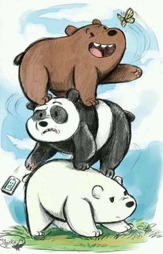 a bear on top of two pandas in the grass with a butterfly flying above