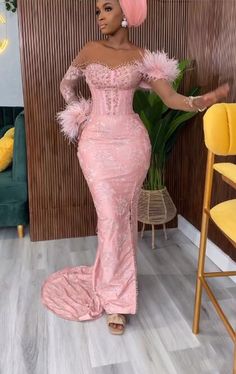 Elegant Pink Lace Nigerian Evening Dresses Sheer Long Sleeve Feathers Mermaid Prom Dress African African Wedding Reception Dress, African Wedding Reception, Prom Dress African, Nigerian Lace Styles Dress, Nigerian Lace Styles, Nigerian Lace, Mermaid Prom Dress, Dress African, Wedding Reception Dress