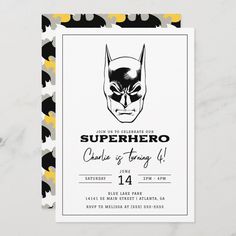 the batman birthday party card is printed on white paper with black and yellow geometric shapes