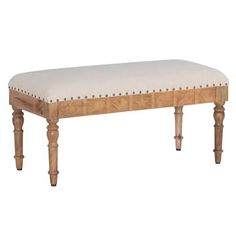 a wooden bench with a white cushion on it's back and legs in front of a white background