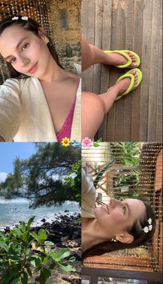 a collage of photos with different women and trees in the background, one woman is holding her hands up to her head