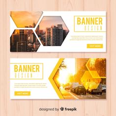 two banners with yellow geometric shapes