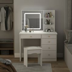 a white dressing table with a mirror, stool and shelf on the wall next to it