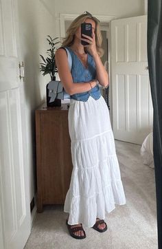 How To Style White Skirt Long, Tiered Denim Skirt Outfit, Outfits With Long White Skirt, Modest Hot Weather Outfits, Portugal Outfits Spring, Scandinavian Summer Style, Modest Country Outfits, Montana Outfits Summer, Double Date Outfit