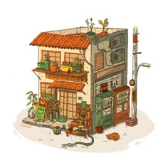 a drawing of a house with plants growing out of it