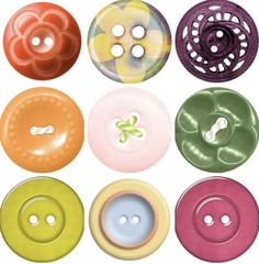 six different colored buttons with holes in the middle one has a flower on each button