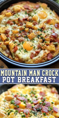 this is an image of a mountain man crock pot breakfast casserole with ham and eggs