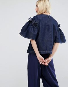 ASOS WHITE Denim Top with Frill Sleeve In Darkwash Blue | ASOS Style Bleu, Jeans Trend, Top Street Style, Denim Inspiration, Denim Ideas, All Jeans, Denim Day, Frill Sleeves, Couture Tops