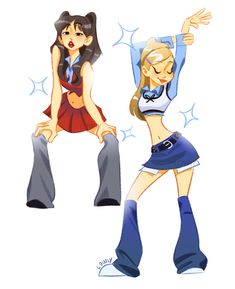 two cartoon girls with different outfits and hair styles, one is holding her hand up to the