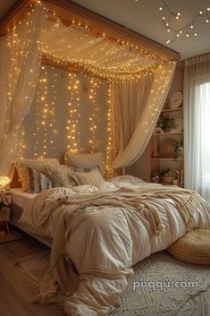 a bedroom with lights on the ceiling and a canopy bed in front of a window