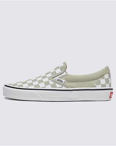 Vans | Classic Checkerboard Slip-On Desert Sage/True White Shoe Vintage Vans Slip-on Sneakers, Vans Green Slip-on Skate Shoes, Green Vans Slip-on Skate Shoes, Green Slip-on Vans Skate Shoes, Checkered Vans, Desert Sage, Vans Store, Timeless Shoes, White Shoe