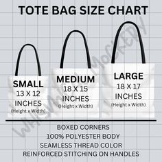 tote bag size chart with measurements and instructions for the sizes, widths, and length