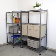 a room with several storage containers and plants on the shelves, including two planters