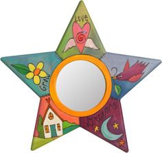 Star Shaped Mirror –  Grow/Love/Dream star-shaped mirror with home, moon and heart with wings motif Decorated Mirror, Star Mirror, Sticks Furniture, Shaped Mirror, Des Moines Iowa, Heart With Wings, Art Carved, Image Name, Love Dream