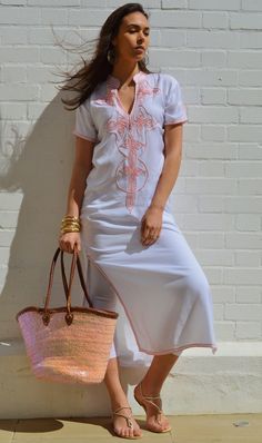 This Boho Kaftan Caftan is so cozy, it's definately idea for wearing during the weekend, or when you just want to relax at home. Although this caftan is really cozy, because the style is so elegant, it could be worn for an exotic night in, or when you want to wow your friends at your home party. Or wear it outdoors with boots, and look super bohemian! I live in London and in Marrakech. While I am in London, I always miss the exotic atmosphere of Marrakech. That's when I just bring out my comfy t Long White Cover-up For Vacation, White Long Beach Dress Cover-up, White V-neck Dress For Resort, White Long Beach Dress For Cover-up, White V-neck Resort Dress, Beachy White V-neck Dress, White Tunic Dresses For Beach Season, White Long Beachwear Dress, White Long Beach Dress For Summer