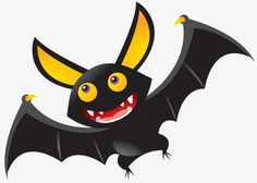 a black bat with yellow horns and fangs on its wings, flying through the air