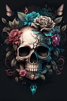 a skull with flowers on it's head