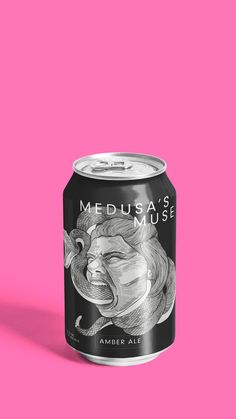 a can of medusa's ale beer on a pink background with the label in black and white