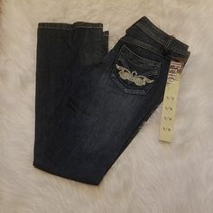 Fried Denim Bootcut Blue Jeans Front Pockets Button And Zipper Closure Belt Loops Back Pockets Have Embroidered Design Made Of 96% Cotton 4% Spandex Sizes 3/4, 5/6. Cheap Y2k Dark Wash Flare Jeans, Pants Bootcut, Button Jeans, 2000s Clothes, 2000s Fashion Outfits, Bootcut Pants, Y2k Outfits, Boot Cut Denim, Swaggy Outfits