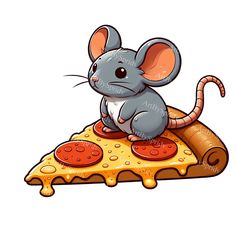 a cartoon mouse sitting on top of a piece of pizza with cheese and pepperoni