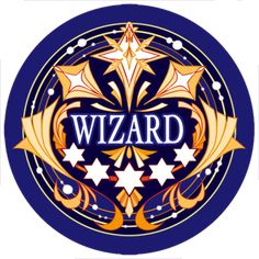 the wizard logo with stars and crescents in blue, yellow and orange colors on a white background