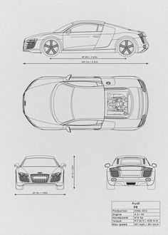 the blueprint drawing shows an overhead view of a sports car, with all its features and