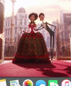 an animated image of a man and woman dressed up in fancy clothing standing on a red carpet