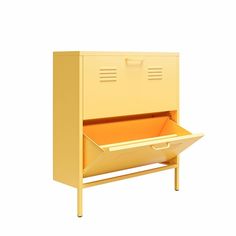 a yellow locker with an open drawer on the front and bottom shelf, sitting against a white background