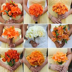 the bridesmaids are holding their bouquets with orange flowers