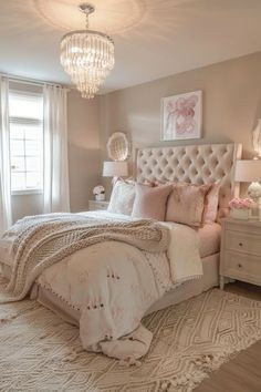 a bedroom with a chandelier and white bedding